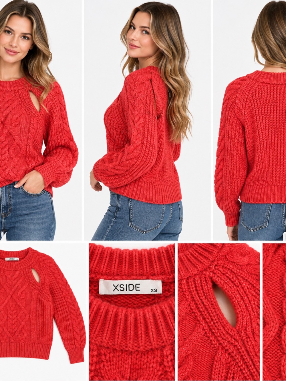 Red Cable-Knit Keyhole Sweater